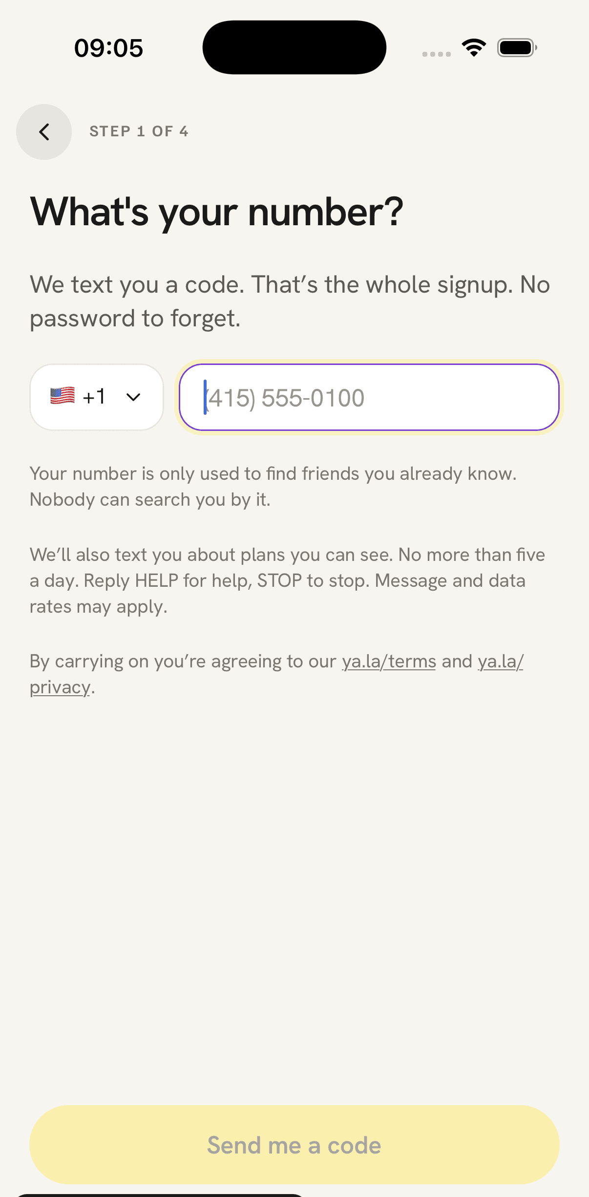 The Yala signup screen: a phone number field, and under it the consent text quoted above.